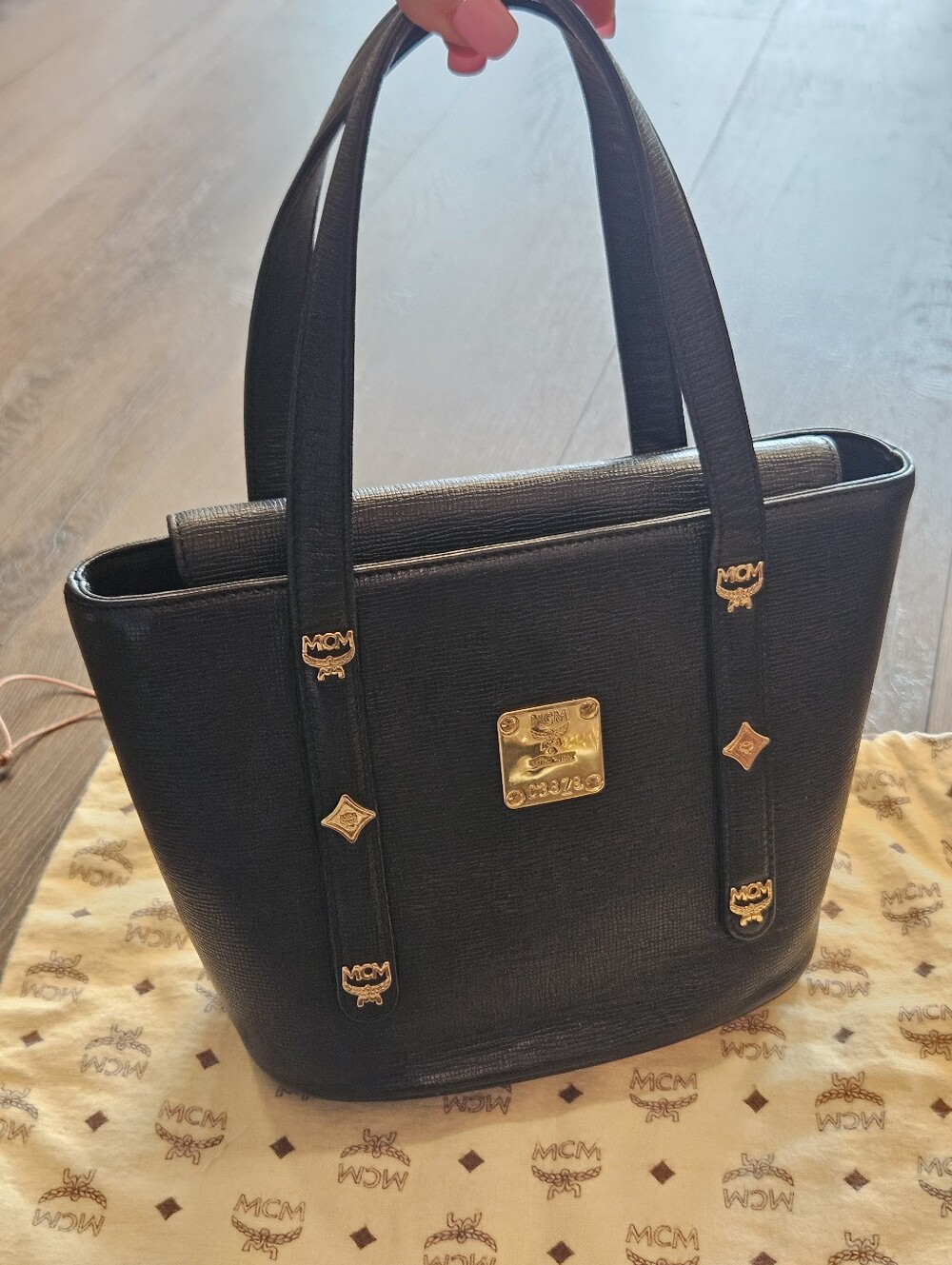 MCM Vintage Black Leather Structured Tote Gold Logo Hardware + Dust Bag